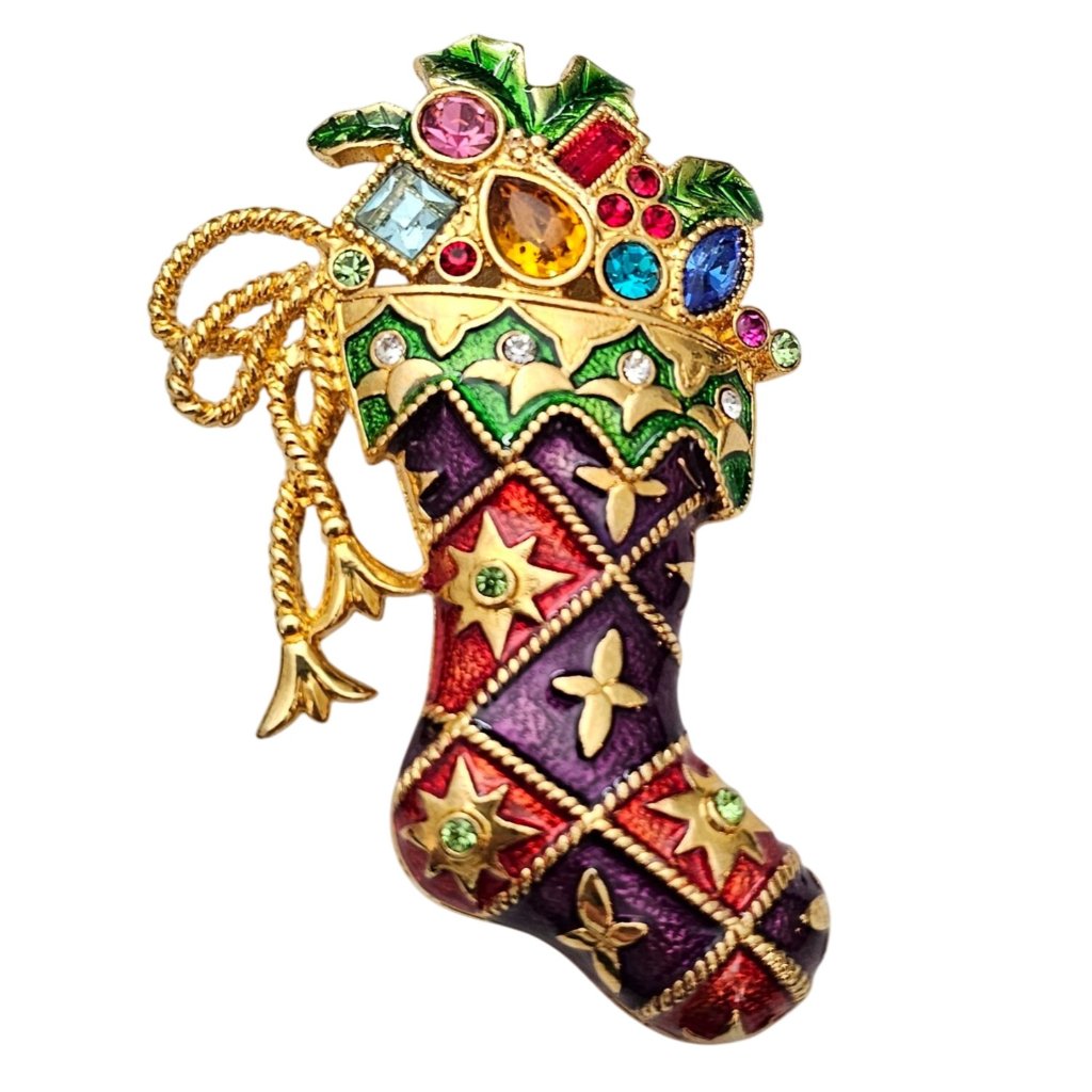 Christopher Radko Stocking Brooch Rhinestone Enamel Pin Pendant, Signed